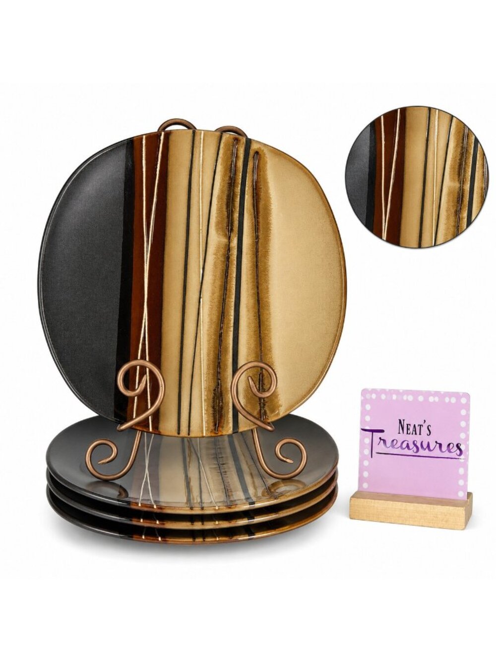 Home Trends BAZAAR BROWN Stoneware Square Tan Stripe 10 3/4" Dinner Plate Set 4